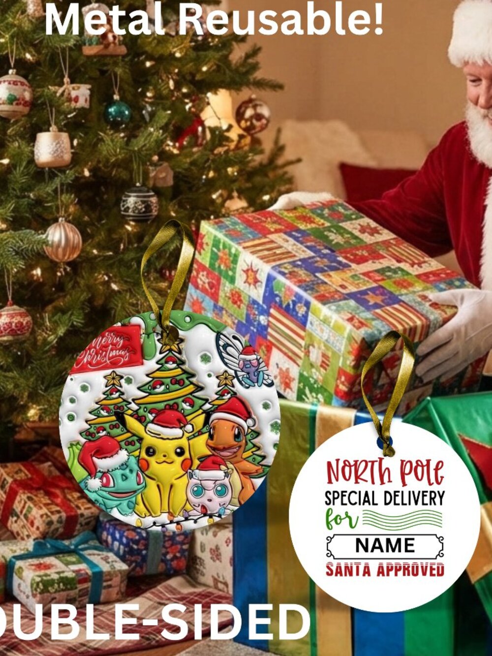 Pokemon Santa Reusable Metal Christmas Tag Personalized.